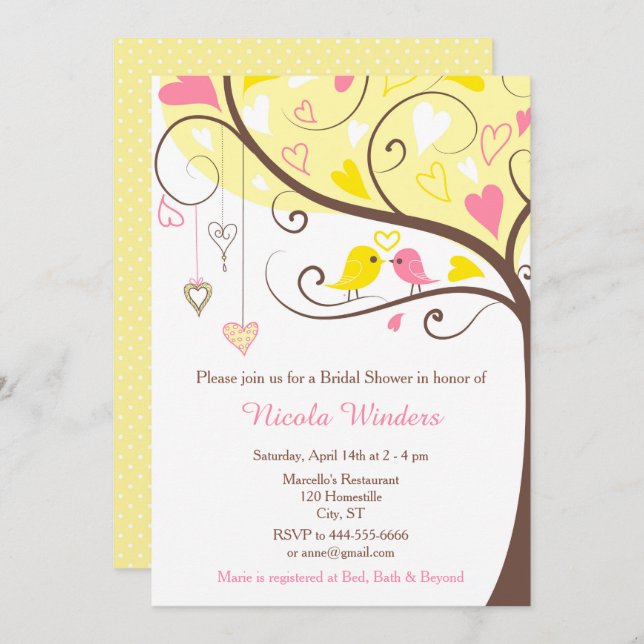 Birds Hearts Tree Yellow and Coral Bridal Shower Invitation (Front/Back)