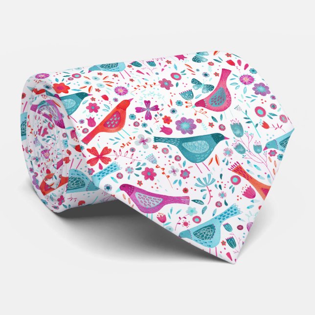 Birds in a Garden Modern Boho Watercolor Tie (Rolled)