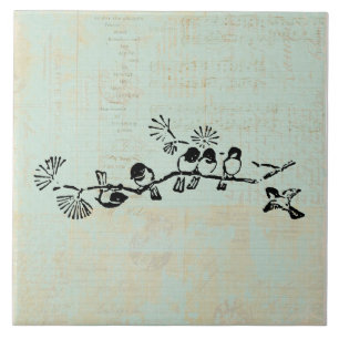 Birds in a Row Rustic Green Music Background Ceramic Tile