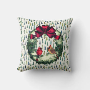 Birds in a Wreath Country Christmas Throw Pillow