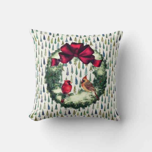 Birds in a Wreath Country Christmas Throw Pillow (Front)
