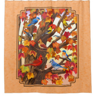 Birds in Autumn Maple Tree Peach Shower Curtain