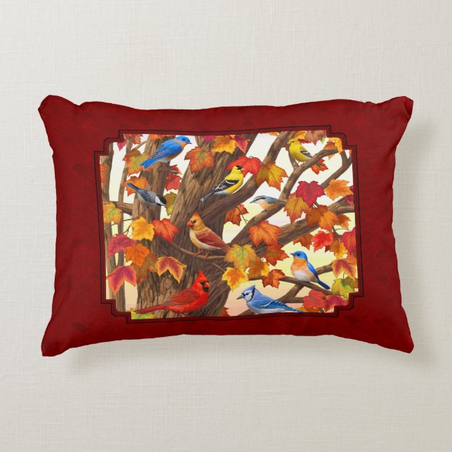 Birds in Autumn Maple Tree Red Decorative Cushion (Front)