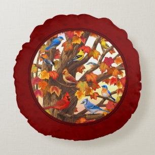 Birds in Autumn Maple Tree Red Round Cushion