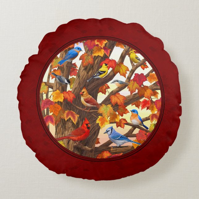 Birds in Autumn Maple Tree Red Round Cushion (Front)