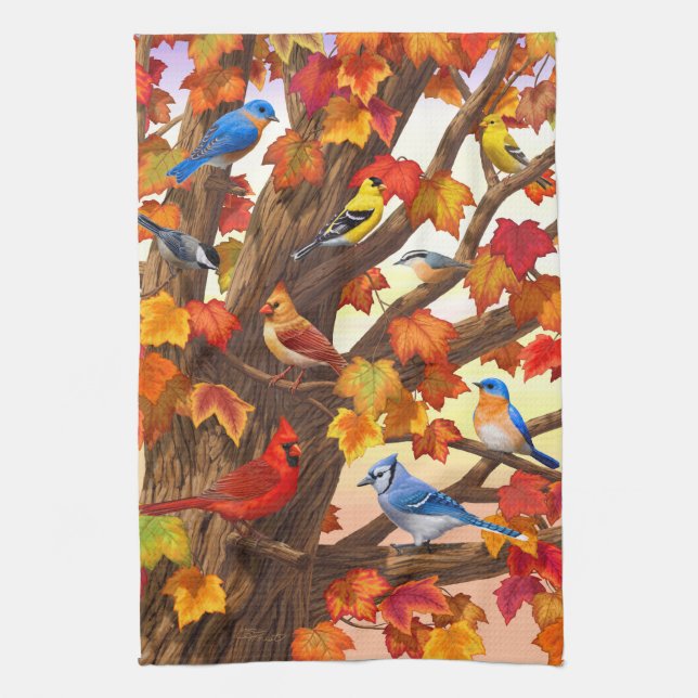 Birds in Autumn Maple Tree Tea Towel (Vertical)