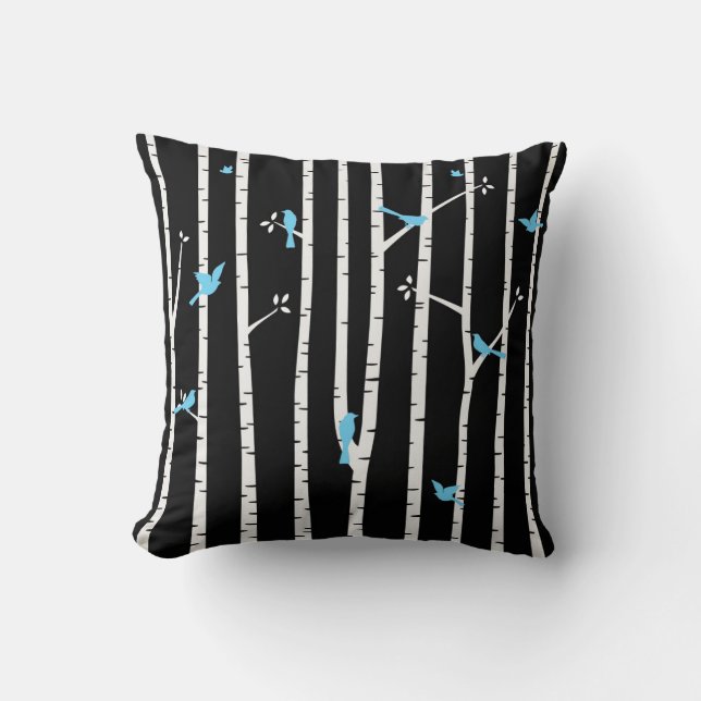 Birds in Birch Trees Blue White Black Cushion (Front)