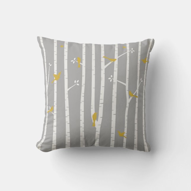 Birds in Birch Trees Grey White Yellow Cushion (Front)
