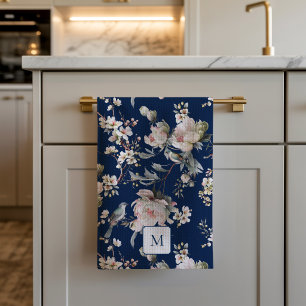 Birds in Blossom Navy Blue Watercolor Mongrammed Tea Towel