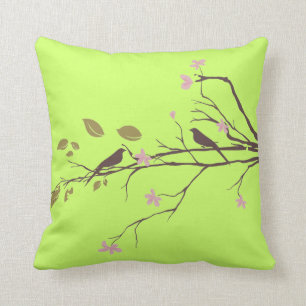 birds in cherry blossom throw pillow green