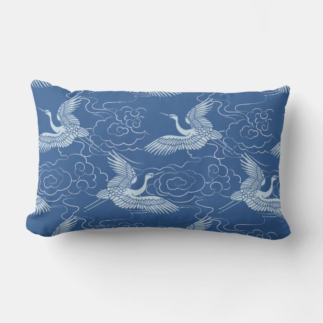 Birds in Flight Blue Chinese Ceramic Pattern Lumbar Cushion (Front)