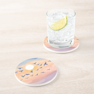 Birds in Flight   Sunset Nature Watercolor Coaster