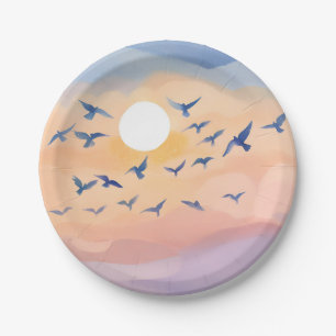Birds in Flight   Sunset Nature Watercolor Paper Plate