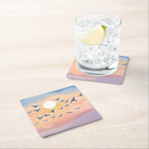 Birds in Flight   Sunset Nature Watercolor Square Paper Coaster