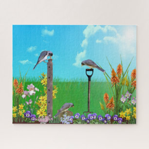 Birds in Flower Garden Field Colourful Jigsaw Puzzle