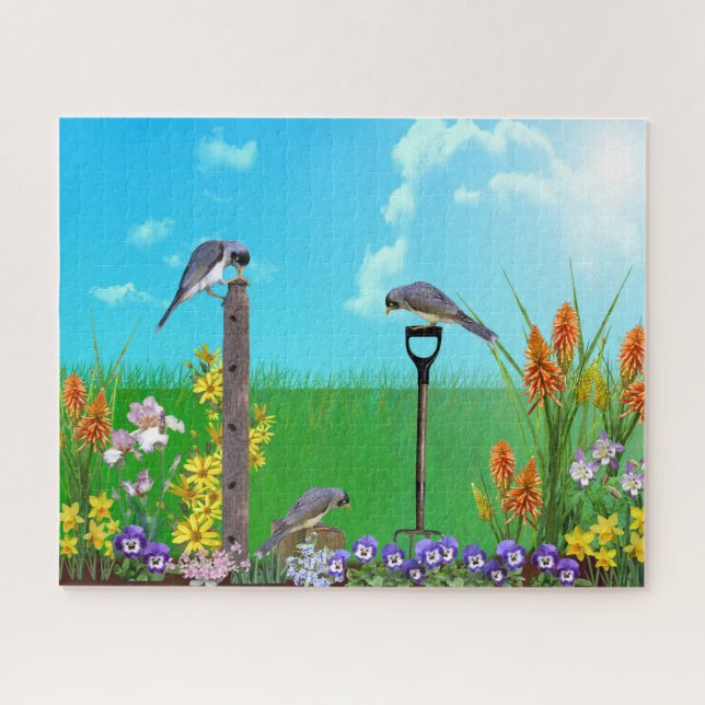 Birds in Flower Garden Field | Colourful Jigsaw Puzzle (Horizontal)