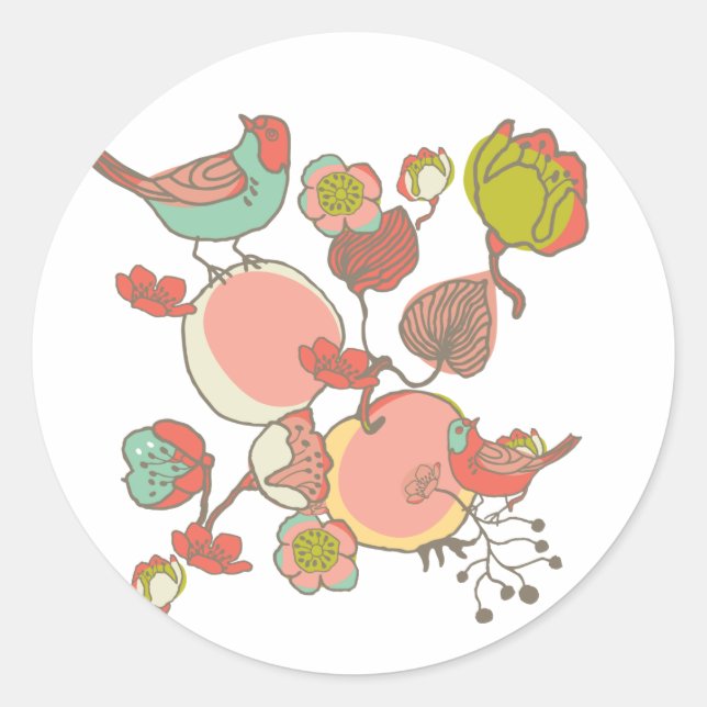 Birds in Fruit Tree Classic Round Sticker (Front)