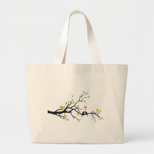 Birds in love with red hearts on spring tree large tote bag