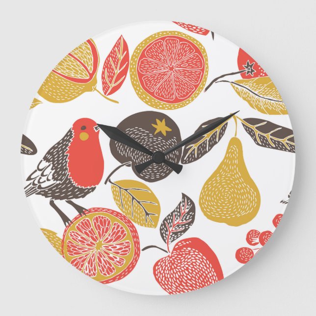 Birds in Lush Fruit Garden Large Clock (Front)