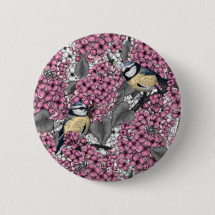 Birds in pink lilac garden 6 cm round badge