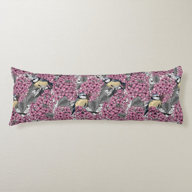 Birds in pink lilac garden body cushion (Front)