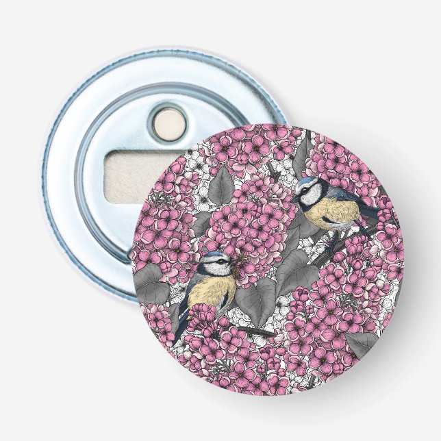 Birds in pink lilac garden bottle opener (Front)