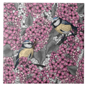 Birds in pink lilac garden ceramic tile