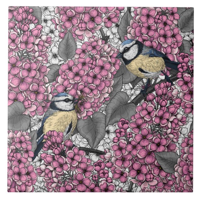 Birds in pink lilac garden ceramic tile (Front)