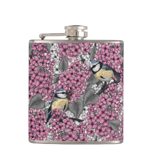 Birds in pink lilac garden hip flask