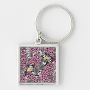 Birds in pink lilac garden key ring