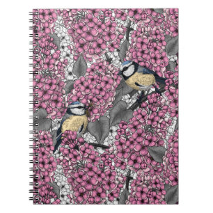 Birds in pink lilac garden notebook