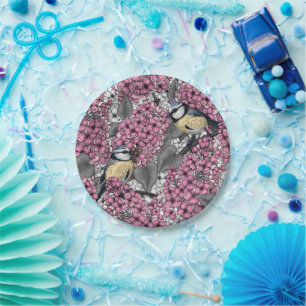 Birds in pink lilac garden paper plate