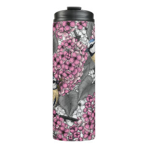 Birds in pink lilac garden thermal tumbler