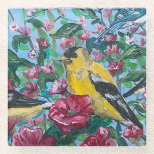 Birds in the backyard hand painted art glass coaster