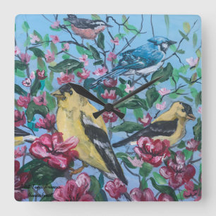 Birds in the backyard Hand Painted Art Square Wall Clock