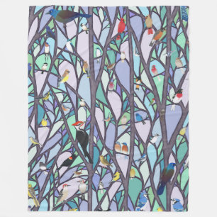 birds in the stained glass tree fleece blanket