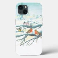 Birds in the white snow winter