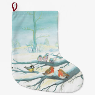 Birds in the white snow winter  large christmas stocking