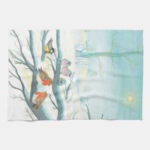 Birds in the white snow winter  tea towel