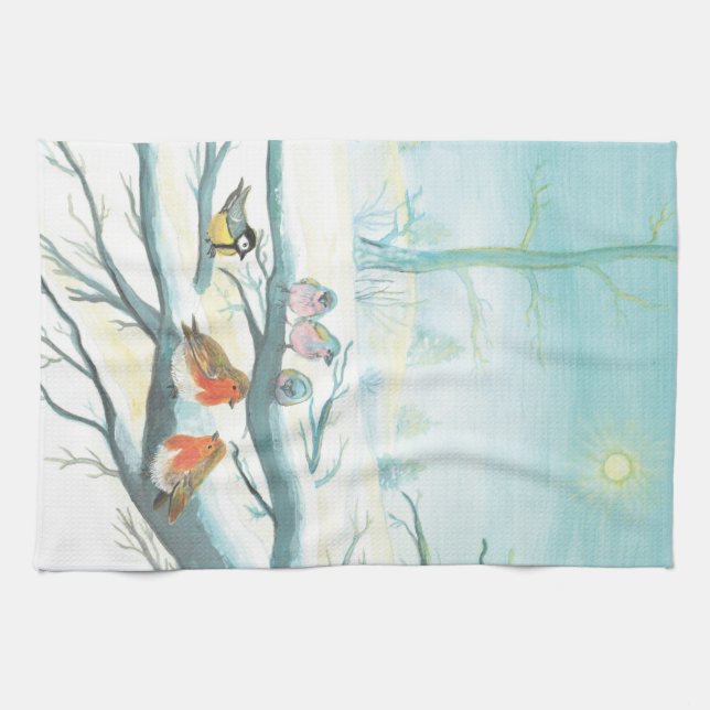 Birds in the white snow winter  tea towel (Horizontal)