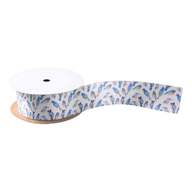 Birds in tints and shades of blue-bird lovers satin ribbon (Spool)