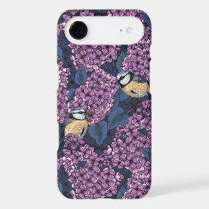Birds in violet lilac garden
