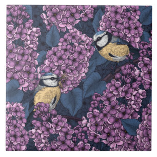 Birds in violet lilac garden ceramic tile