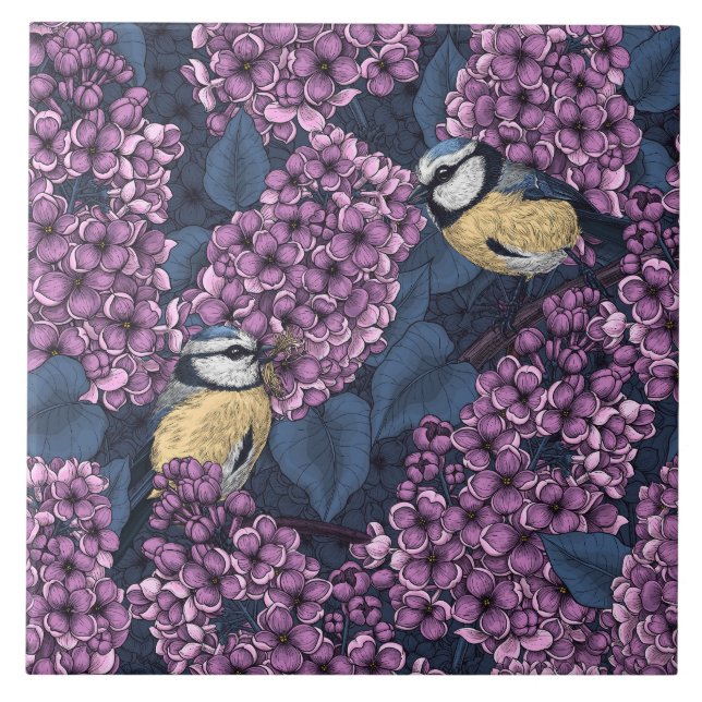 Birds in violet lilac garden ceramic tile (Front)