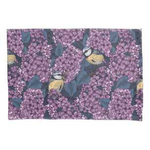 Birds in violet lilac garden pillowcase