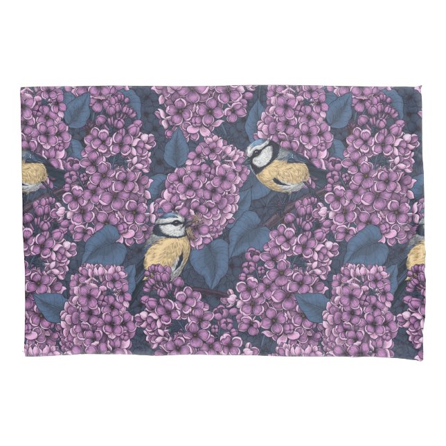 Birds in violet lilac garden pillowcase (Front)