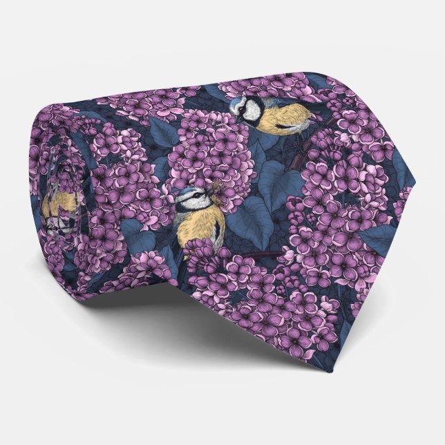 Birds in violet lilac garden tie (Rolled)