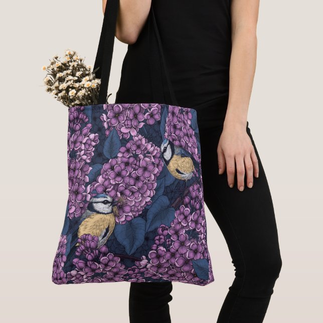 Birds in violet lilac garden tote bag (Close Up)