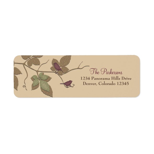 Birds Leaves Purple Fall Wedding Return Address Label (Front)