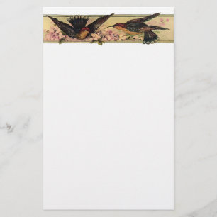 Birds Meeting ~ Stationery Pink Flowers Vintage